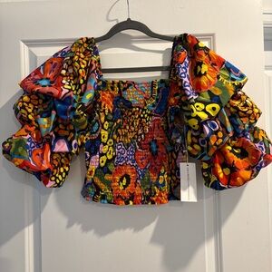 Colorful Women's Top with Puff Sleeves